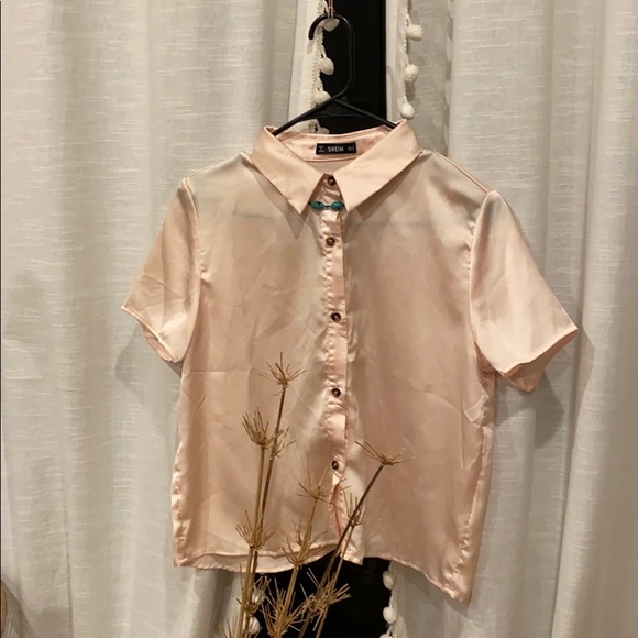• Peach-Colored Soft Summer Satin Button Blouse • - Picture 5 of 5